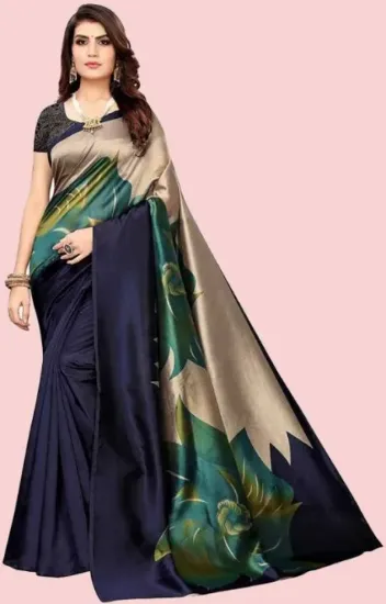 Picture of Floral Print Kalamkari Art Silk Saree (Blue)