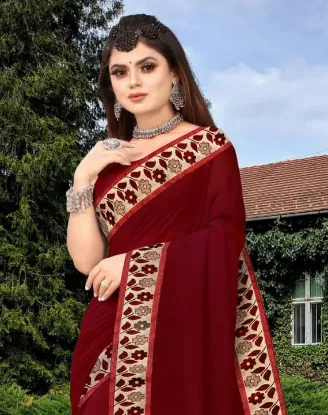 Picture of Printed Banarasi Lycra Blend, Chiffon Saree (Maroon, Gold)