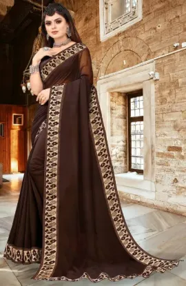 Picture of Printed Banarasi Lycra Blend, Chiffon Saree (Brown)