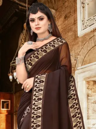 Picture of Printed Banarasi Lycra Blend, Chiffon Saree (Brown)