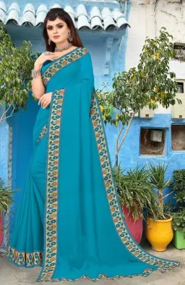 Picture of Printed Banarasi Lycra Blend, Chiffon Saree (Light Blue)