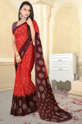 Picture of Printed Daily Wear Georgette Saree (Red, Brown)