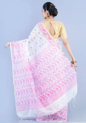 Picture of Printed Jamdani Cotton Silk Saree (White)