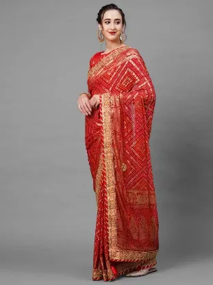 Picture of Red & Gold-Toned Woven Design Bandhani Saree For Wedding