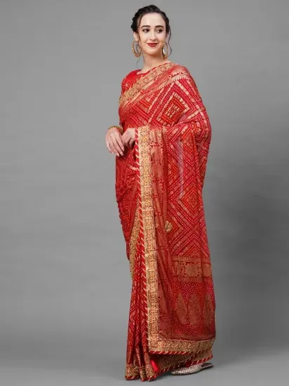 Picture of Red & Gold-Toned Woven Design Bandhani Saree For Wedding
