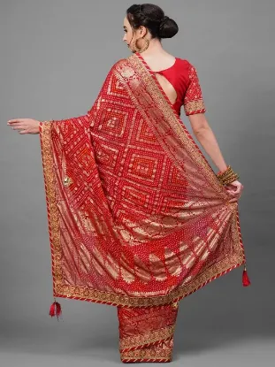 Picture of Red & Gold-Toned Woven Design Bandhani Saree For Wedding