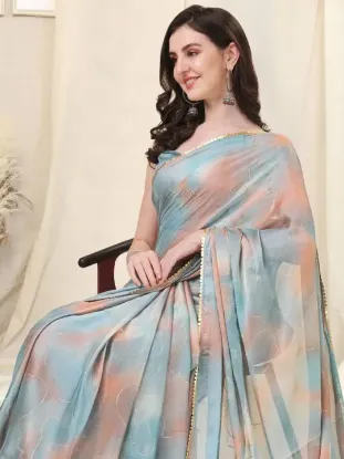 Picture of Printed, Color Block, Embellished Bollywood Chiffon, Georgette Saree (Orange, Grey)