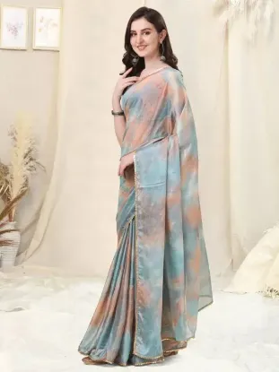 Picture of Printed, Color Block, Embellished Bollywood Chiffon, Georgette Saree (Orange, Grey)