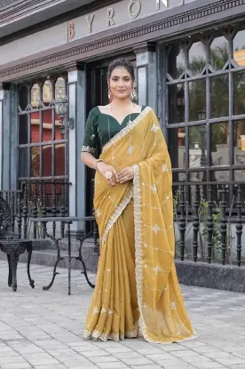 Picture of Embroidered, Embellished Bollywood Silk Blend Saree (Yellow)