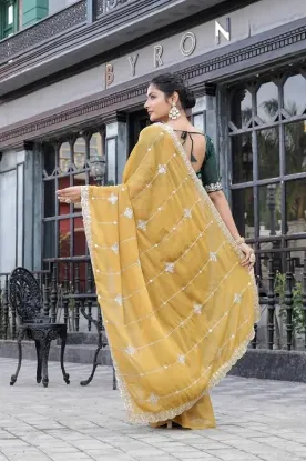Picture of Embroidered, Embellished Bollywood Silk Blend Saree (Yellow)