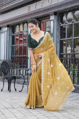 Picture of Embroidered, Embellished Bollywood Silk Blend Saree (Yellow)