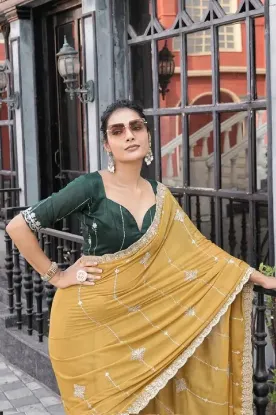 Picture of Embroidered, Embellished Bollywood Silk Blend Saree (Yellow)