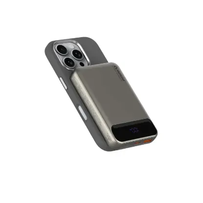 Picture of 10000mAh Slim Magnetic Wireless Powerbank Natural Titanium Finish Perfect for iPhone 16,15,14,13,12 with Led Display and 20W Fast Wired Charging - Charges iPhone 50% in 30 mins