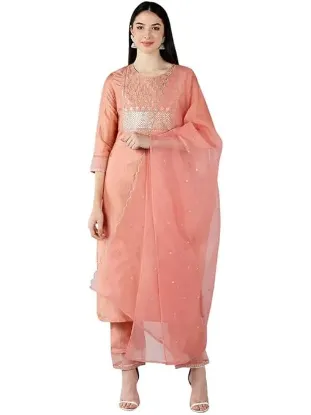 Show details for Women's Silk Blend Sequins Yoke Design Straight Kurta Pant With Dupatta Picture of Women's Silk Blend Sequins Yoke Design Straight Kurta Pant With Dupatta