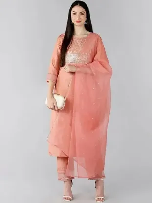 Show details for Women's Silk Blend Sequins Yoke Design Straight Kurta Pant With Dupatta Picture of Women's Silk Blend Sequins Yoke Design Straight Kurta Pant With Dupatta
