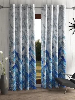 Picture of 2 Pieces Geometrical Panel Eyelet Polyester Door Curtains 7 Feet, Blue(Eyelet),Grommet Curtains