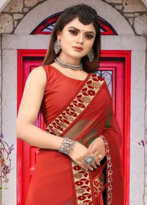 Show details for Printed Banarasi Lycra Blend, Chiffon Saree (Red, Orange) Picture of Printed Banarasi Lycra Blend, Chiffon Saree (Red, Orange)