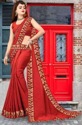 Show details for Printed Banarasi Lycra Blend, Chiffon Saree (Red, Orange) Picture of Printed Banarasi Lycra Blend, Chiffon Saree (Red, Orange)