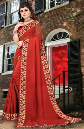 Show details for Printed Banarasi Lycra Blend, Chiffon Saree (Red, Orange) Picture of Printed Banarasi Lycra Blend, Chiffon Saree (Red, Orange)