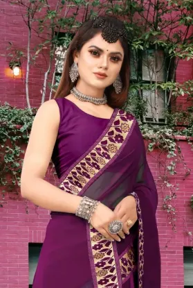 Show details for Printed Banarasi Lycra Blend, Chiffon Saree (Purple) Picture of Printed Banarasi Lycra Blend, Chiffon Saree (Purple)