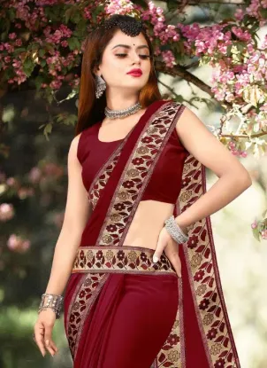 Show details for Printed Banarasi Lycra Blend, Chiffon Saree (Maroon, Gold) Picture of Printed Banarasi Lycra Blend, Chiffon Saree (Maroon, Gold)