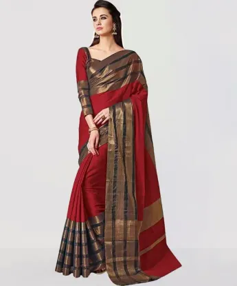 Show details for Striped, Woven, Embellished, Solid/Plain Kanjivaram Cotton Blend, Art Silk Saree (Red) Picture of Striped, Woven, Embellished, Solid/Plain Kanjivaram Cotton Blend, Art Silk Saree (Red)