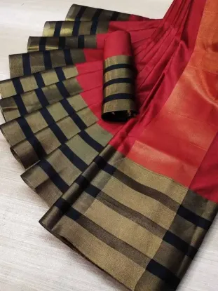Show details for Striped, Woven, Embellished, Solid/Plain Kanjivaram Cotton Blend, Art Silk Saree (Red) Picture of Striped, Woven, Embellished, Solid/Plain Kanjivaram Cotton Blend, Art Silk Saree (Red)