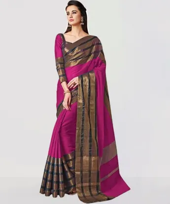 Show details for Striped, Woven, Embellished, Solid/Plain Banarasi Cotton Blend, Art Silk Saree (Pink) Picture of Striped, Woven, Embellished, Solid/Plain Banarasi Cotton Blend, Art Silk Saree (Pink)