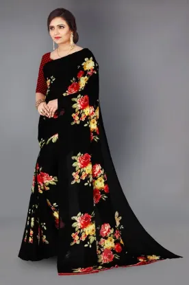 Show details for Floral Print Daily Wear Georgette Saree (Black) Picture of Floral Print Daily Wear Georgette Saree (Black)