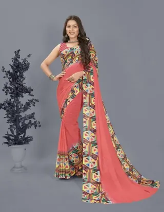 Show details for Geometric Print Bollywood Georgette Saree (Pink) Picture of Geometric Print Bollywood Georgette Saree (Pink)