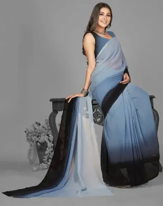 Show details for Ombre, Dyed Bollywood Georgette Saree (Blue, White) Picture of Ombre, Dyed Bollywood Georgette Saree (Blue, White)