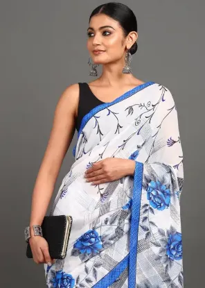 Show details for Polka Print Bollywood Georgette Saree (White) Picture of Polka Print Bollywood Georgette Saree (White)
