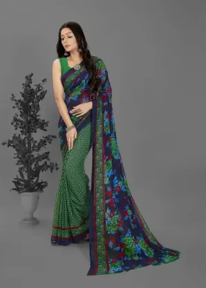 Show details for Floral Print Bollywood Georgette Saree (Green, Blue) Picture of Floral Print Bollywood Georgette Saree (Green, Blue)