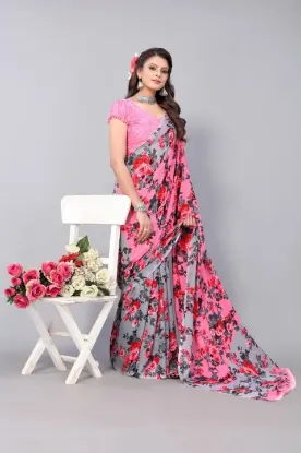 Show details for Floral Print Bollywood Georgette Saree (Pink) Picture of Floral Print Bollywood Georgette Saree (Pink)