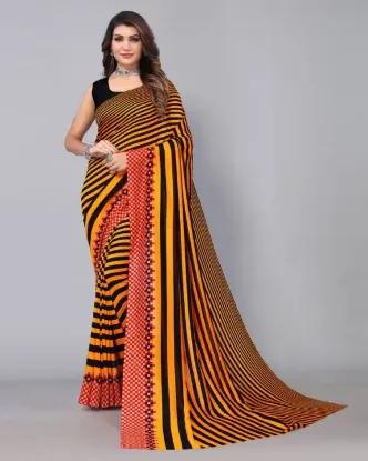 Show details for Striped, Printed Daily Wear Georgette Saree (Orange, Black) Picture of Striped, Printed Daily Wear Georgette Saree (Orange, Black)