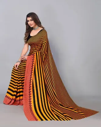 Show details for Striped, Printed Daily Wear Georgette Saree (Orange, Black) Picture of Striped, Printed Daily Wear Georgette Saree (Orange, Black)