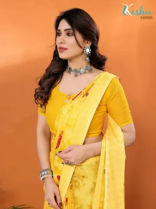 Show details for Floral Print Daily Wear Georgette Saree (Yellow) Picture of Floral Print Daily Wear Georgette Saree (Yellow)