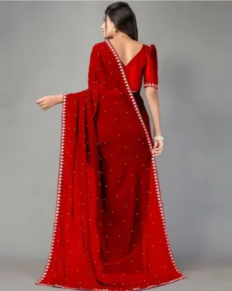 Show details for Solid/Plain, Woven, Embellished, Embroidered Daily Wear Lycra Blend Saree (Red) Picture of Solid/Plain, Woven, Embellished, Embroidered Daily Wear Lycra Blend Saree (Red)