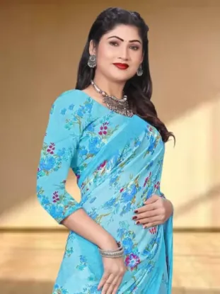 Show details for Floral Print Daily Wear Georgette Saree (Blue) Picture of Floral Print Daily Wear Georgette Saree (Blue)