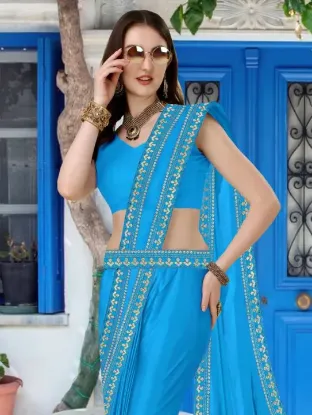 Show details for Bollywood Lycra Blend, Chiffon Saree (Light Blue) Picture of Bollywood Lycra Blend, Chiffon Saree (Light Blue)