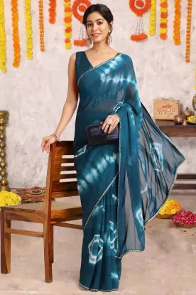 Show details for Printed, Dyed, Blocked Printed Bollywood Chiffon, Georgette Saree (Blue, White) Picture of Printed, Dyed, Blocked Printed Bollywood Chiffon, Georgette Saree (Blue, White)