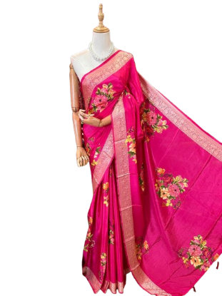 Show details for Dola Silk Saree with Golden Jari Work Blouse Piece Attached. Picture of Dola Silk Saree with Golden Jari Work Blouse Piece Attached.