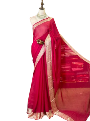 Show details for Pink Silk Floral Golden Border Design Saree. Picture of Pink Silk Floral Golden Border Design Saree.