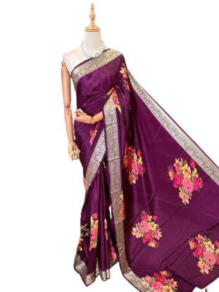 Show details for Purple Banarasi silk saree with intricate floral designs, likely featuring jacquard work Picture of Purple Banarasi silk saree with intricate floral designs, likely featuring jacquard work