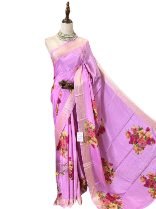 Show details for Pink floral print art silk saree Picture of Pink floral print art silk saree