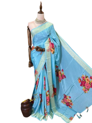 Show details for Bhakarwadi Sky Blue Mysore Silk Floral Print Saree Picture of Bhakarwadi Sky Blue Mysore Silk Floral Print Saree