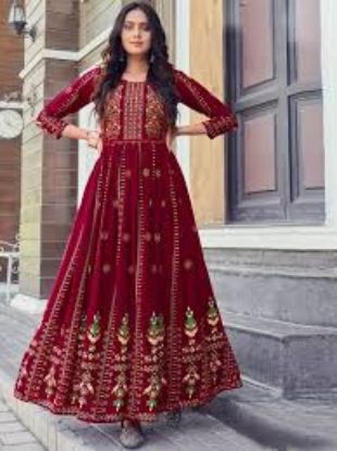 Show details for Anarkali-style Kurti, likely made of rayon with foil print details. Picture of Anarkali-style Kurti, likely made of rayon with foil print details.