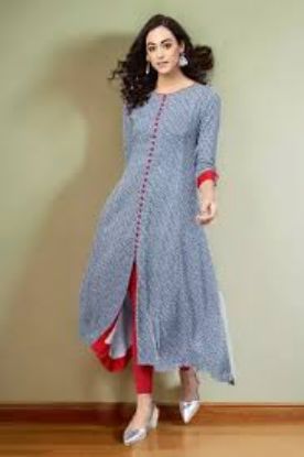 Show details for Blue rayon geometric printed a-line long kurti Picture of Blue rayon geometric printed a-line long kurti