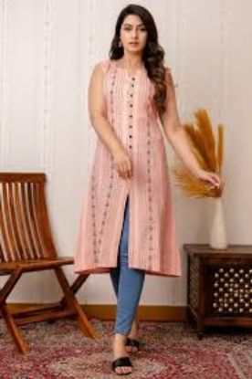 Show details for Salmon Peach Cotton Ready to Wear Front Slit Casual Wear Kurti Picture of Salmon Peach Cotton Ready to Wear Front Slit Casual Wear Kurti