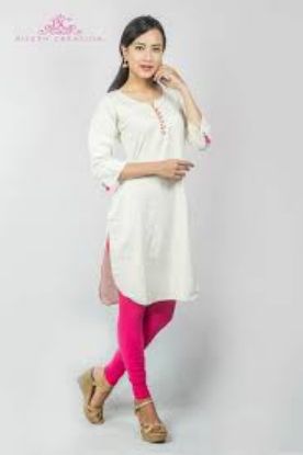 Show details for Off White Linen Kurti With Pure Cotton Churidar Leggings Set Picture of Off White Linen Kurti With Pure Cotton Churidar Leggings Set